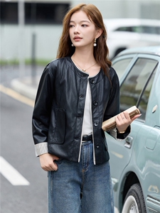 2025秋季女装新款小香风相拼短款皮衣外套图片