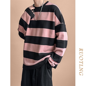 秋季现货高品质潮牌卫衣98.4%棉粉色条纹上衣宽松A351-AW2514-P75图片