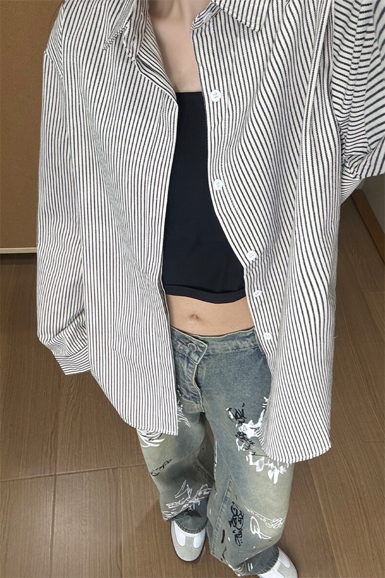 B221美式ins高街暗黑宽松条纹长袖衬衫SY2540-特P35控59,男装衬衫,电商B221