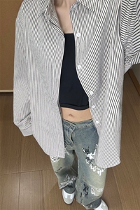 B221 美式ins高街暗黑宽松条纹长袖衬衫SY2540-特P35控59图片