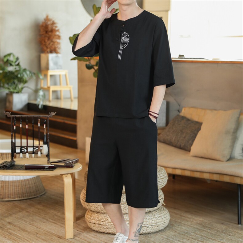 风夏款盘扣刺绣休闲男士套装大码T恤七分裤两件套潮A822-P80，男装牛仔裤，钱塘788(原4013)