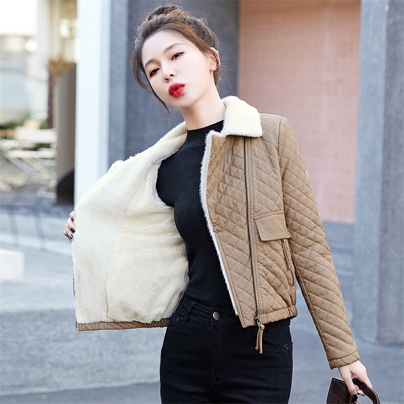 保暖气质休闲加绒小翻领皮衣外套2023年冬季,女装棉衣/棉服,臻衣坊
