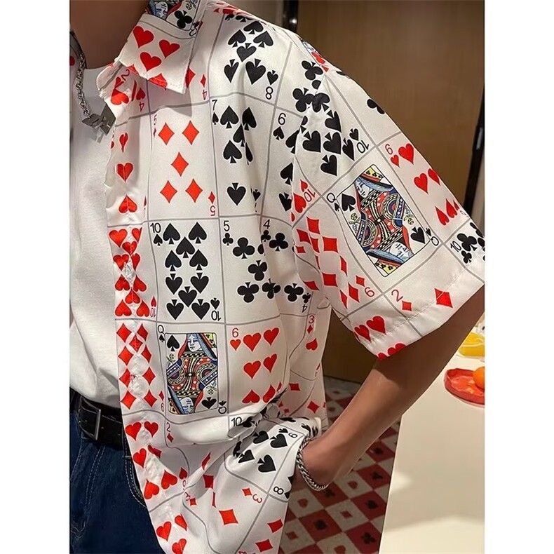 男春秋情侣宽松休闲扑克短袖衬衣C614P25,男装衬衫,星座1116-2