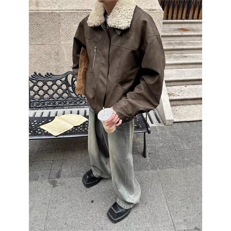 【有货】PU皮翻领棉衣羊羔毛皮毛一体夹克加厚外套MY162特P102,男装夹克,星座908-1