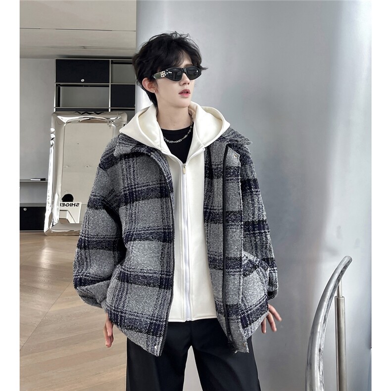 假两件连帽格子毛呢外套男秋冬加厚宽松时尚夹克上衣M896-P135,男装棉衣,电商A170
