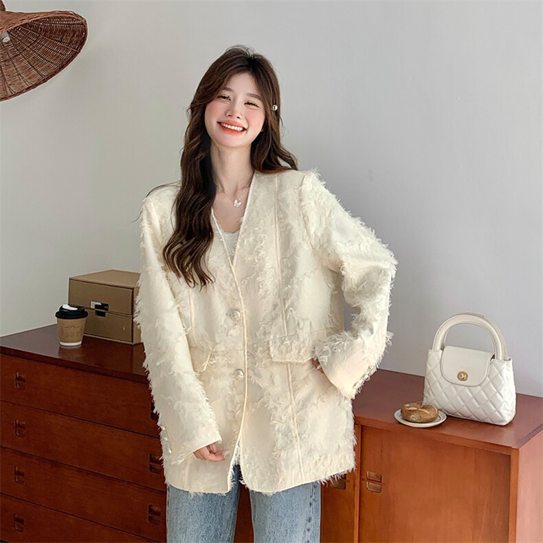 米白色高级感毛毛西装外套2C317A-8507-P140-K198，女装西装，2C317A