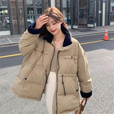 现货奶茶色加厚拼色羽绒服50绒，女装羽绒服，菡迪欧娜