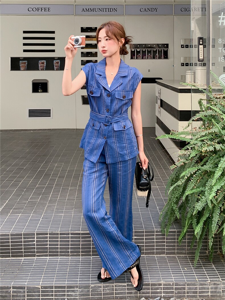 《现货26夏上新》100%亚麻条纹气质长裤收腰两件套装女,女装套装/套裙,苗苗