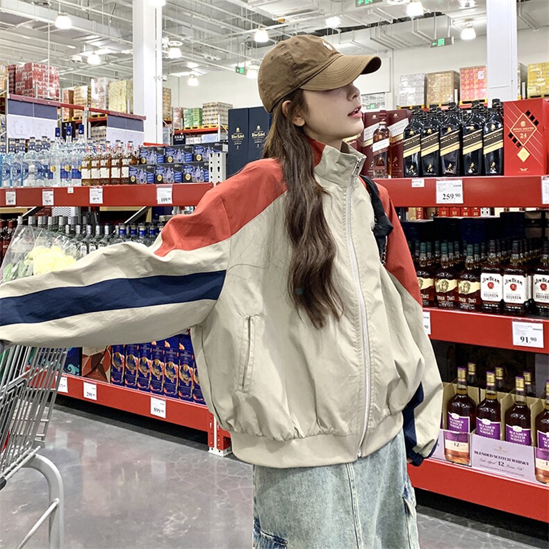 港风复古休闲撞色夹克外套女2025年春秋季新款宽松显瘦棒球服上衣,女装短外套,2C050