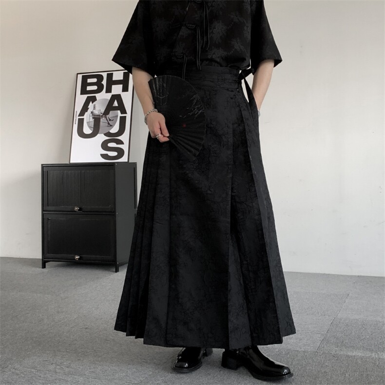 春装新中式提花百褶马面裙男女2026黑色新中式轻明制风汉服裙子，男装民族服装，星座909