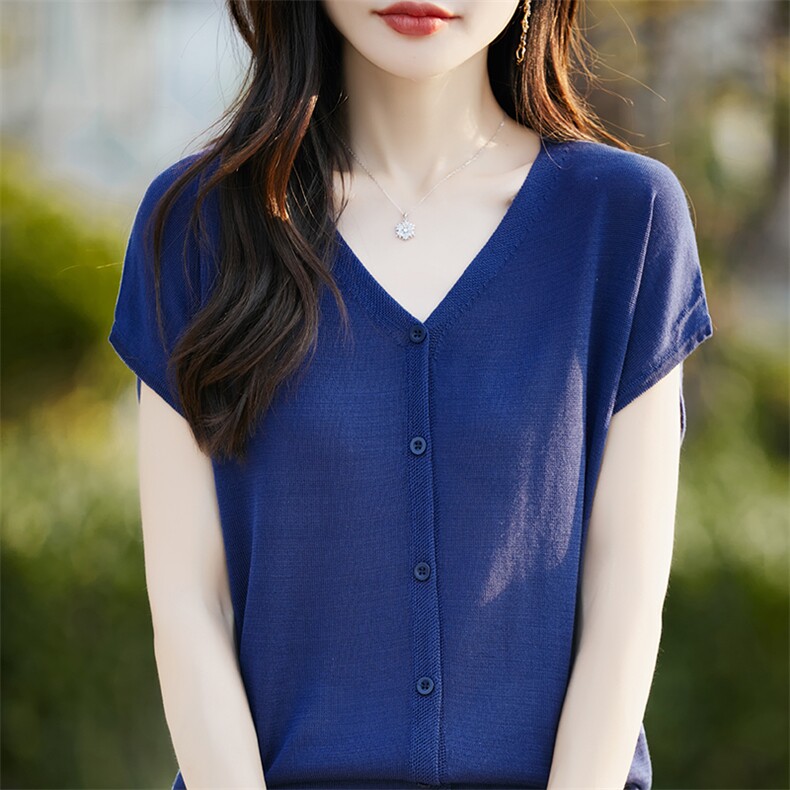 夏季新款女士简约时尚舒适天丝假开衫V领短袖,女装T恤,斯美雅电商供货