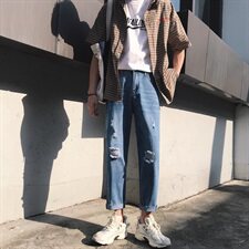 港风夏季破洞牛仔裤男韩版潮流九分裤休闲裤N/，男装牛仔裤，电商D202
