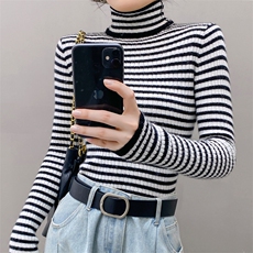 秋冬软糯100山羊绒衫女毛衣高领套头修身条纹拼色显瘦针织打底衫，女装羊绒衫，织绒羊