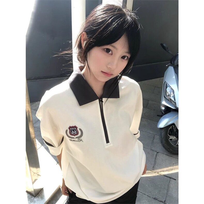 H0798-P40学院风polo衫半拉链宽松情侣短袖翻领T恤图片