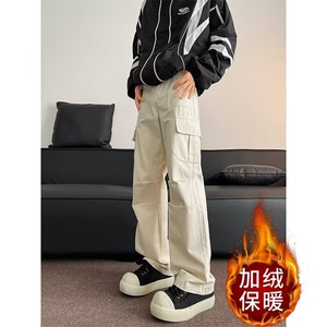 美式工装裤子男2024秋冬季褶皱垂感宽松加绒长裤T179-1加绒图片