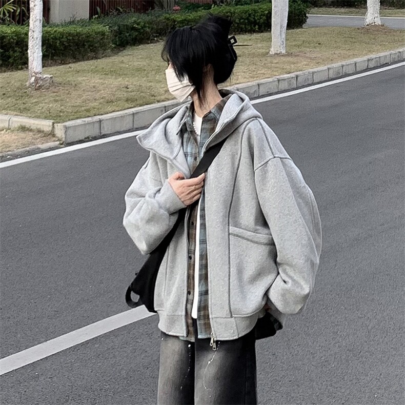 抖音得物高品质秋冬美式高街重磅结构辑明线纹理连帽卫衣外套W111,男装卫衣,电商A486