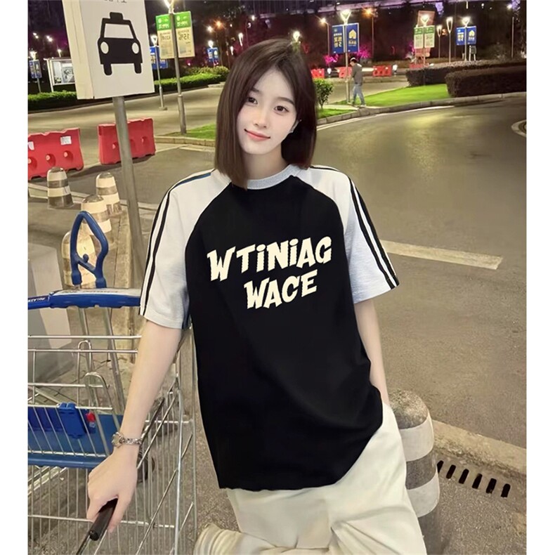 抖音得物品质二开240克宽松纯棉美式潮牌插肩三杠织带短袖T恤图片