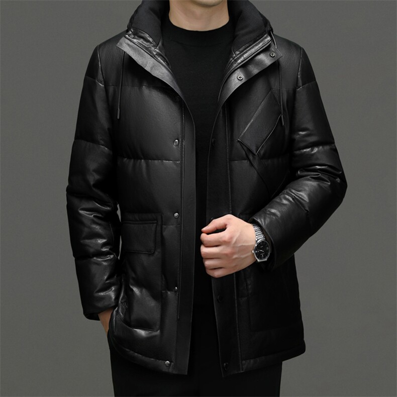 秋冬新款男士羽绒服男中长款连帽外套鹅绒服绵羊皮夹克P1250图片