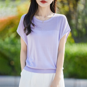 夏季100%天丝镂空针织短袖T恤女气质百搭圆领小飞袖T恤上衣打底薄图片