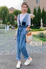 现货新品时尚韩版牛仔背带裤长裤两件套套装，女装连体裤，菡迪欧娜