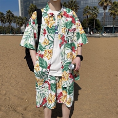 夏日大码套装宽松花衬衫男短袖痞帅休闲上衣两件套衣25裤20/TP45，男装衬衫，电商A012