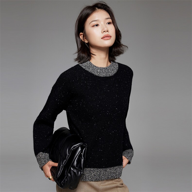 秋季新款时尚简约百搭显瘦圆领拼接套头35%羊绒衫,女装羊绒衫,隆秋羊绒