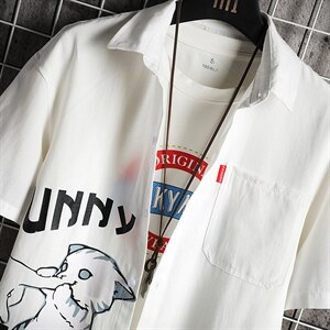 2021春季新网格挂拍日系大码男卡通小猫印花衬衫短袖C3003-P35图片