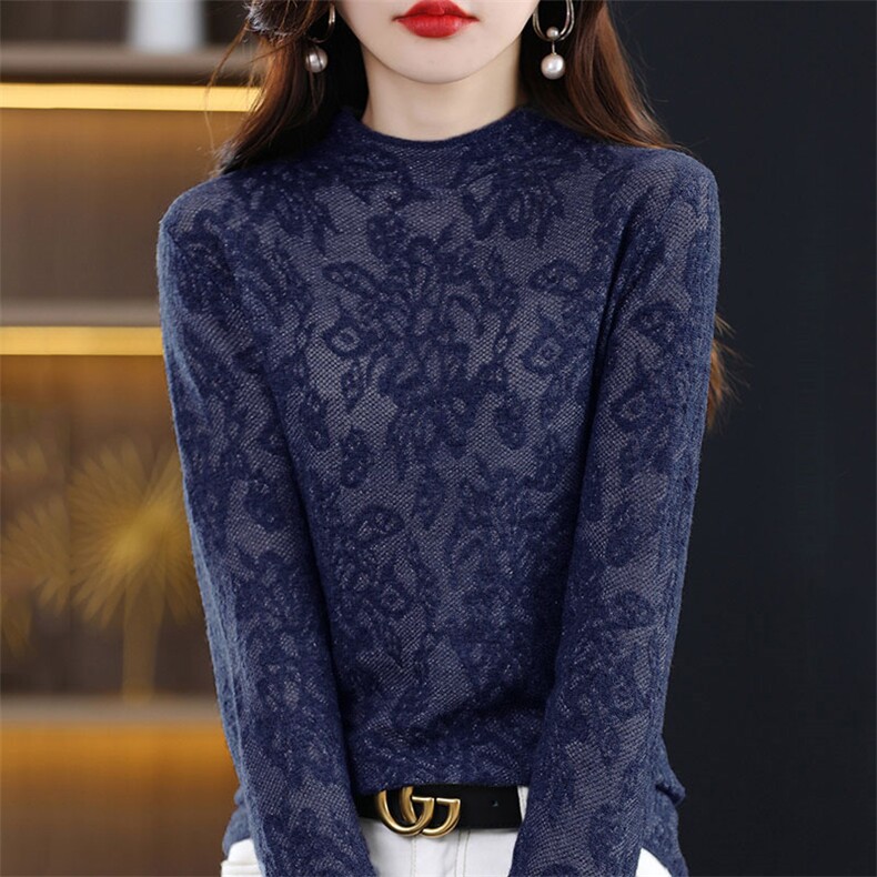 秋冬新款羊绒衫半高领蕾丝镂空内搭针织套头毛衣女修身羊毛打底衫，女装蕾丝衫/雪纺衫，暖烁羊绒