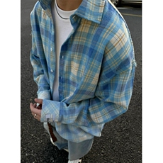 蓝色格子衬衫男女长袖同款情侣宽松2026夏ins休闲衬衣CY1096-P38，男装衬衫，星座412-2