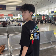 万针全刺绣工艺抖音得物高品质260克重磅纯棉双纱美式高街短袖T恤，男装T恤，电商A486-1