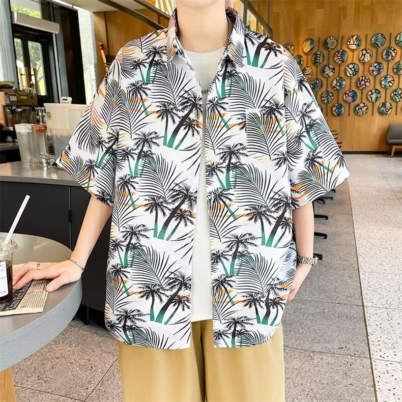弹力布夏季男士印花短袖衬衫个性五分袖衬衣外套图片