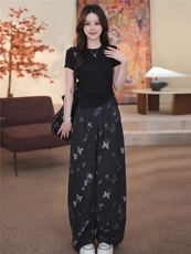 时尚休闲运动套装女夏季新款显瘦气质纯色圆领短袖上衣长裤两件套，女装套装/套裙，江南