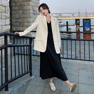 2024年春季新款韩版简约休闲宽松纯色西装外套套装黑色长款裙子女图片