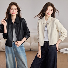 洋气减龄翻领皮衣外套女2026春秋新款宽松休闲小个子短款夹克上衣，女装皮衣，潮流依族