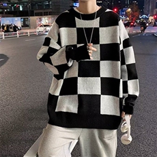 黑白格圆领毛衣男ins秋冬潮流港风宽松毛线衣百搭情侣针织衫-M124，男装针织衫/毛衣，星座506
