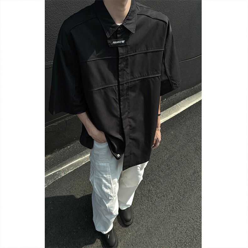 CS05-特P53抖音直播款男女休闲黑色短袖衬衫夏季美式潮牌衬衣,男装衬衫,电商B327