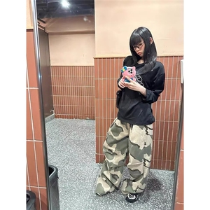 日单复古迷彩工装裤男女潮牌宽松直筒休闲长裤子高街vibe风伞兵裤图片
