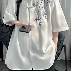 潮翻领免烫青少年标准新中式风裤子男士夏季薄款冰丝五分袖纯色，男装衬衫，星座506