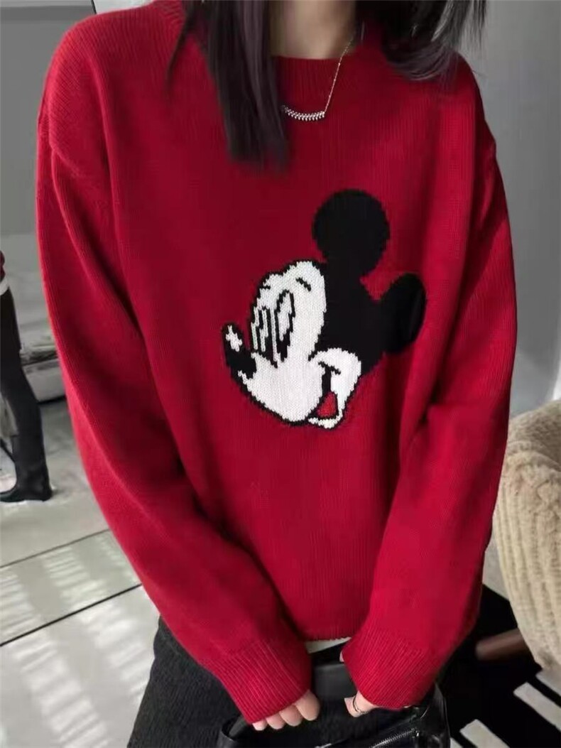 2025年秋季时尚气质圆领长袖百搭卡通图案羊毛衫，女装羊毛衫，百纯羊绒