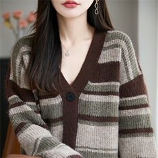 法式撞色复古条纹针织开衫女25新款加厚保暖外套毛衣巨好看上衣潮，女装针织衫/毛衣，郡淞羊绒