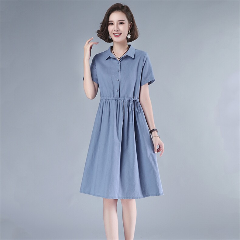 2021年夏季排扣中长款POLO领短袖纯色妈妈连衣裙纯棉韩版裙子，女装连衣裙，伊满意