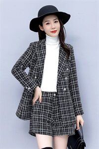 清仓春秋新款女装时髦格子毛呢小西装外套百搭短裤呢子图片