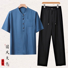 主推现货夏季男士中年风亚麻短袖T恤中老年棉麻衬衫上衣，男装T恤，钱塘6003（原4033）