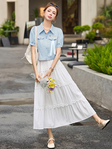 短袖牛仔两件套连衣裙女2025夏季新款外套搭配蕾丝吊带蛋糕裙套装图片