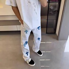 破洞牛仔裤男街头痞帅嘻哈高街十字架贴皮复古白色长裤子NZ8067，男装牛仔裤，星座516A