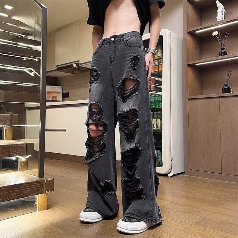 美式高街潮流男女同款破洞乞丐牛仔长裤D656P43,男装休闲裤,星座1116-2
