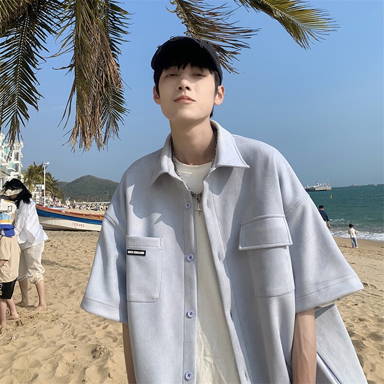A408-23C8072*夏季麂皮绒短袖衬衫P55-X79-92%醋酯纤维8%氨纶,男装衬衫,电商A408