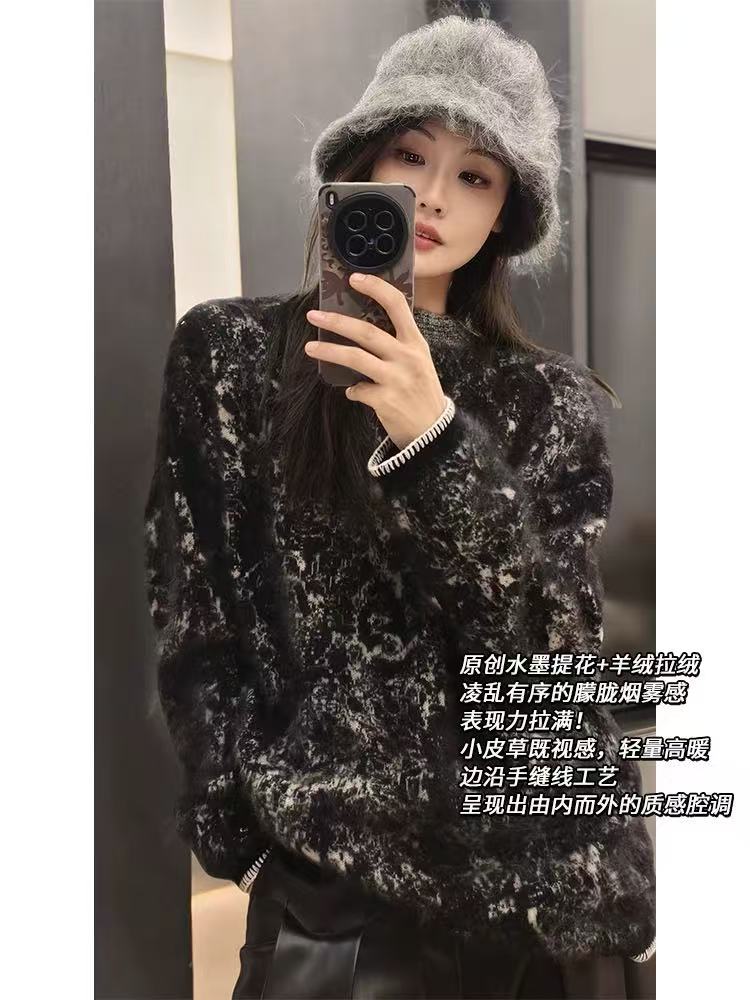 重工提花水墨画工艺重工拉绒工艺2025年秋季针织套头落肩袖圆领,针织衫/毛衣,美轩羊绒