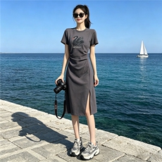 韩版时尚减龄连衣裙女夏款褶皱修身天鹅亮片开叉中长款灰色A字裙，女装连衣裙，江南