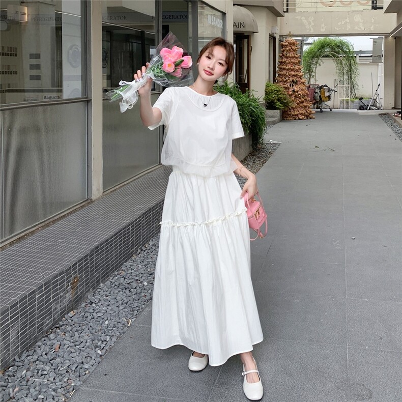 韩系温柔风网纱拼接T恤半身裙套装女夏新款小个子显高显瘦两件套,女装套装/套裙,2C032